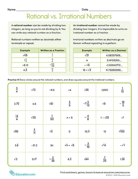 rational vs irrational numbers worksheet with answers
